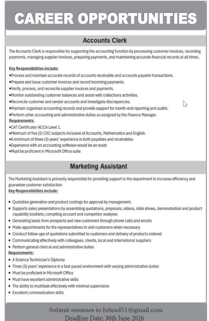accouns clerk job in guyana
marketing assistant job in guyana