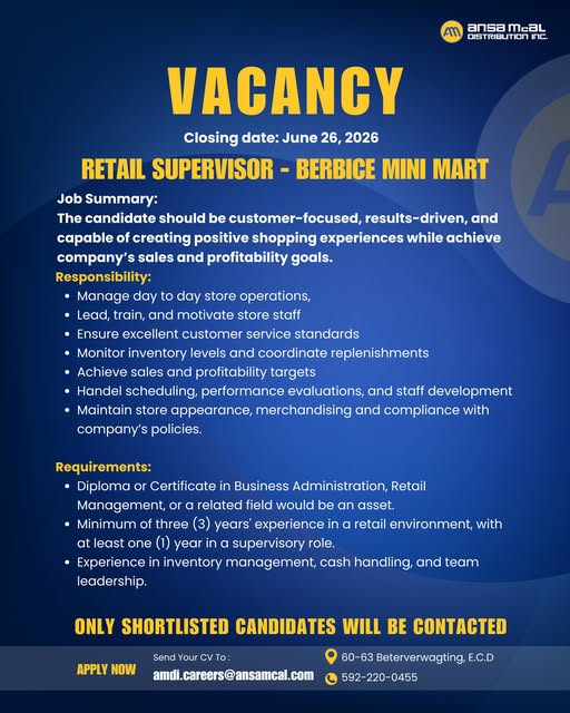 retail supervisor Job in Guyana