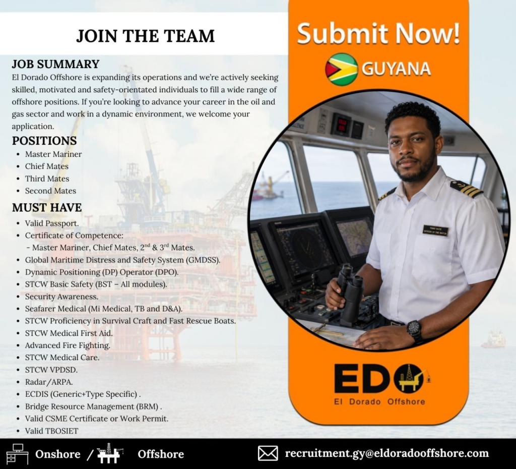 Master Mariner job in guyana
Chief Mates job in guyana
Second Mates job in guyana
Third Mates job in guyana