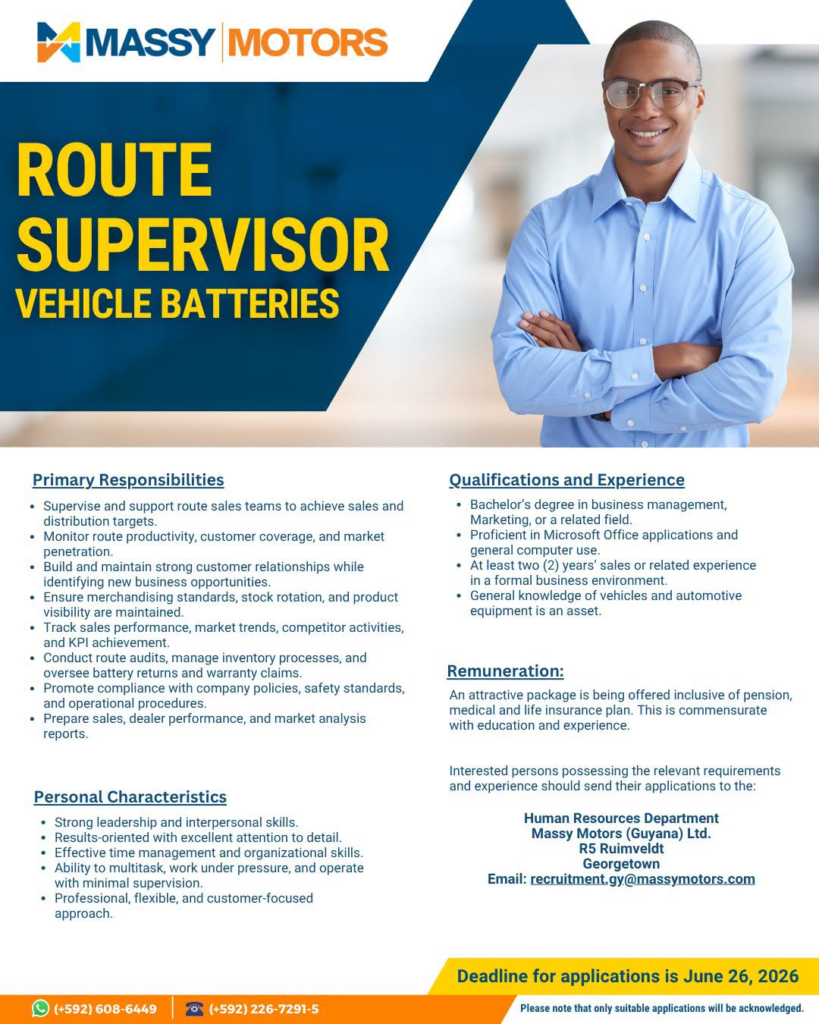 route supervisor job in guyana