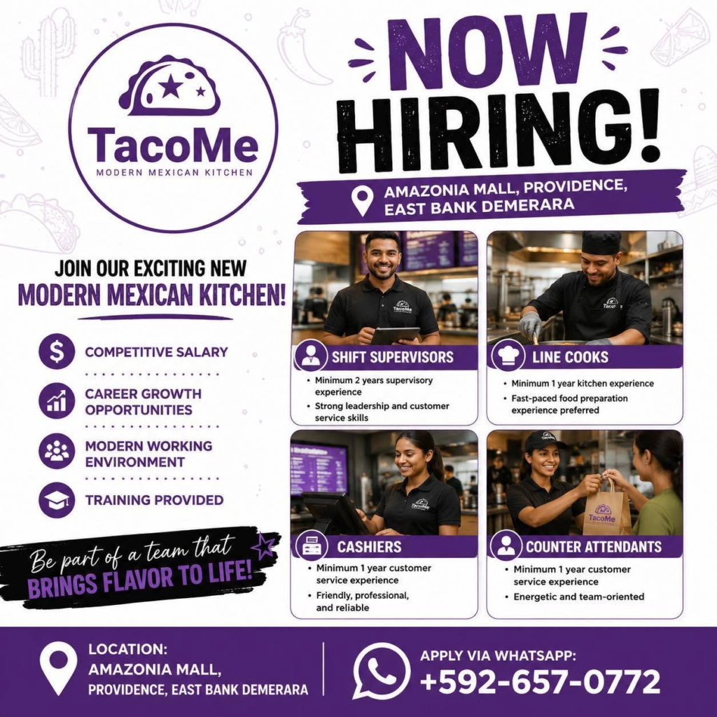 line cooks job in guyana
counter attendant job in guyana
cashier job in guyana