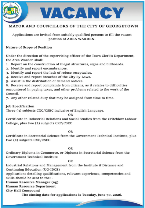 area warden job in guyana