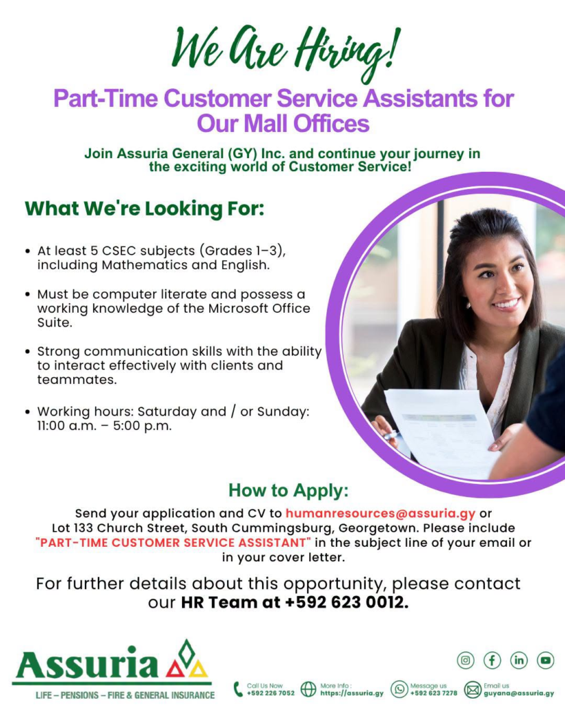 part time customer service assistant job in guyana