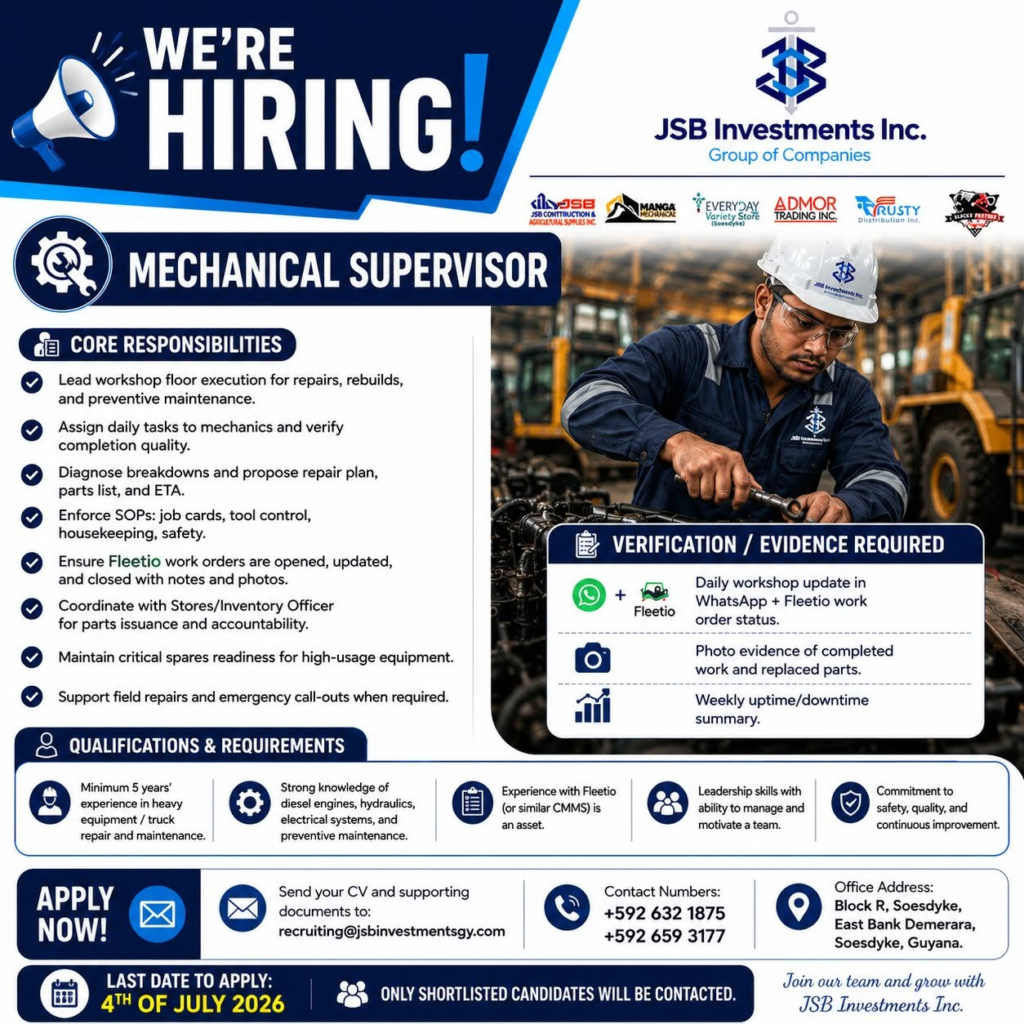 mechanical supervisor job in guyana