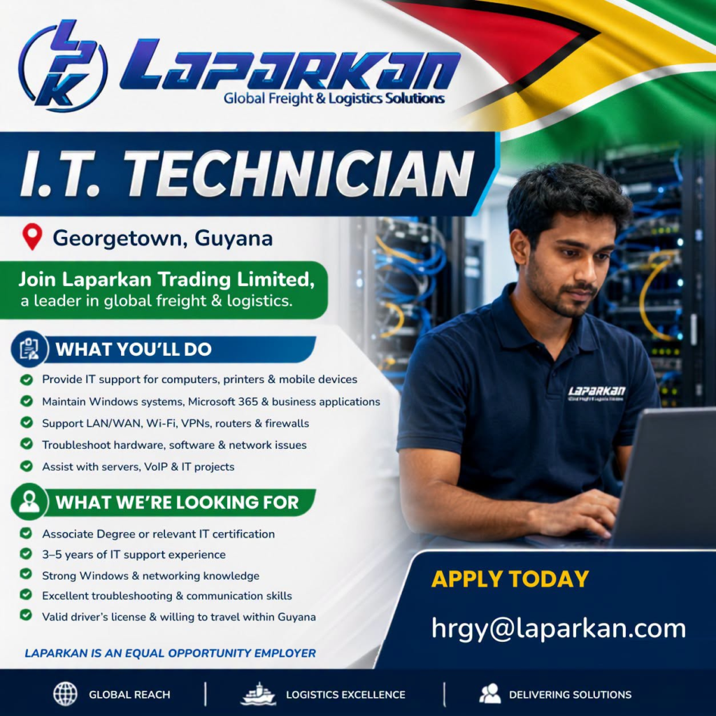 Jobs in Guyana
Urgent Jobs in Guyana
Urgent Vacancies in Guyana
Vacancies in Guyana 2026
Latest Vacancies in Guyana 2026
Part-Time Jobs in Guyana
Jobs in Guyana for Foreigners
Work From Home Jobs in Guyana
Driver Jobs in Guyana
High-Paying Jobs in Guyana
No Experience Jobs in Guyana
Jobs in Guyana with No Experience Required
Latest Jobs in Guyana
New Jobs in Guyana
Jobs Hiring Now in Guyana
Immediate Hiring in Guyana
Full-Time Jobs in Guyana
Entry-Level Jobs in Guyana
Online Jobs in Guyana
Government Jobs in Guyana
Oil and Gas Jobs in Guyana
Remote Jobs in Guyana
Female Jobs in Guyana
Jobs in Georgetown, Guyana
Jobs in Berbice, Guyana
Jobs in Linden, Guyana
Weekend Jobs in Guyana