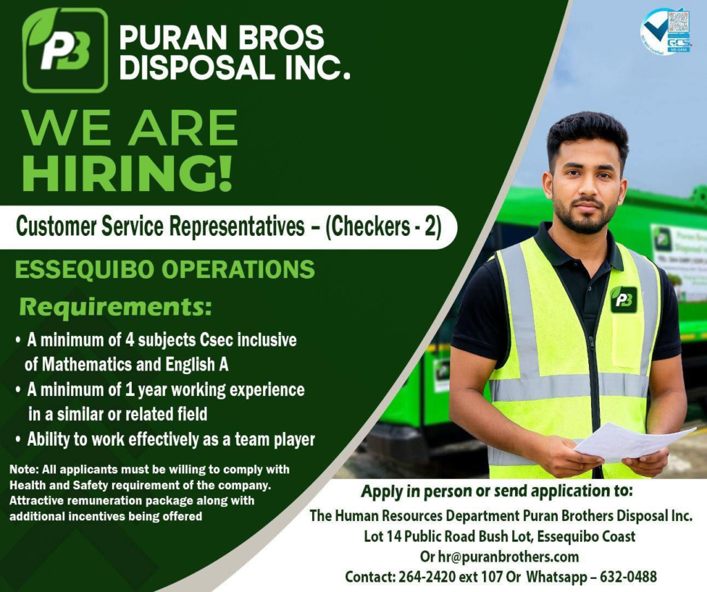 Jobs in Guyana
Urgent Jobs in Guyana
Urgent Vacancies in Guyana
Vacancies in Guyana 2026
Latest Vacancies in Guyana 2026
Part-Time Jobs in Guyana
Jobs in Guyana for Foreigners
Work From Home Jobs in Guyana
Driver Jobs in Guyana
High-Paying Jobs in Guyana
No Experience Jobs in Guyana
Jobs in Guyana with No Experience Required
Latest Jobs in Guyana
New Jobs in Guyana
Jobs Hiring Now in Guyana
Immediate Hiring in Guyana
Full-Time Jobs in Guyana
Entry-Level Jobs in Guyana
Online Jobs in Guyana
Government Jobs in Guyana
Oil and Gas Jobs in Guyana
Remote Jobs in Guyana
Female Jobs in Guyana
Jobs in Georgetown, Guyana
Jobs in Berbice, Guyana
Jobs in Linden, Guyana
Weekend Jobs in Guyana
