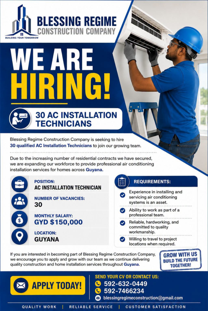Jobs in Guyana
Urgent Jobs in Guyana
Urgent Vacancies in Guyana
Vacancies in Guyana 2026
Latest Vacancies in Guyana 2026
Part-Time Jobs in Guyana
Jobs in Guyana for Foreigners
Work From Home Jobs in Guyana
Driver Jobs in Guyana
High-Paying Jobs in Guyana
No Experience Jobs in Guyana
Jobs in Guyana with No Experience Required
Latest Jobs in Guyana
New Jobs in Guyana
Jobs Hiring Now in Guyana
Immediate Hiring in Guyana
Full-Time Jobs in Guyana
Entry-Level Jobs in Guyana
Online Jobs in Guyana
Government Jobs in Guyana
Oil and Gas Jobs in Guyana
Remote Jobs in Guyana
Female Jobs in Guyana
Jobs in Georgetown, Guyana
Jobs in Berbice, Guyana
Jobs in Linden, Guyana
Weekend Jobs in Guyana