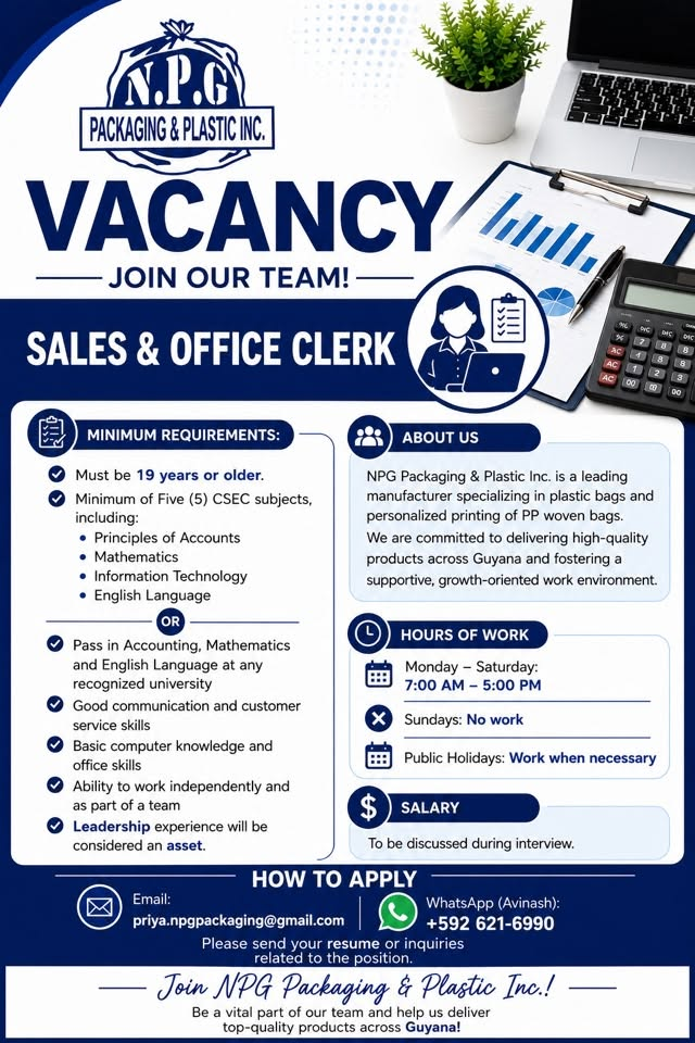 Jobs in Guyana
Urgent Jobs in Guyana
Urgent Vacancies in Guyana
Vacancies in Guyana 2026
Latest Vacancies in Guyana 2026
Part-Time Jobs in Guyana
Jobs in Guyana for Foreigners
Work From Home Jobs in Guyana
Driver Jobs in Guyana
High-Paying Jobs in Guyana
No Experience Jobs in Guyana
Jobs in Guyana with No Experience Required
Latest Jobs in Guyana
New Jobs in Guyana
Jobs Hiring Now in Guyana
Immediate Hiring in Guyana
Full-Time Jobs in Guyana
Entry-Level Jobs in Guyana
Online Jobs in Guyana
Government Jobs in Guyana
Oil and Gas Jobs in Guyana
Remote Jobs in Guyana
Female Jobs in Guyana
Jobs in Georgetown, Guyana
Jobs in Berbice, Guyana
Jobs in Linden, Guyana
Weekend Jobs in Guyana