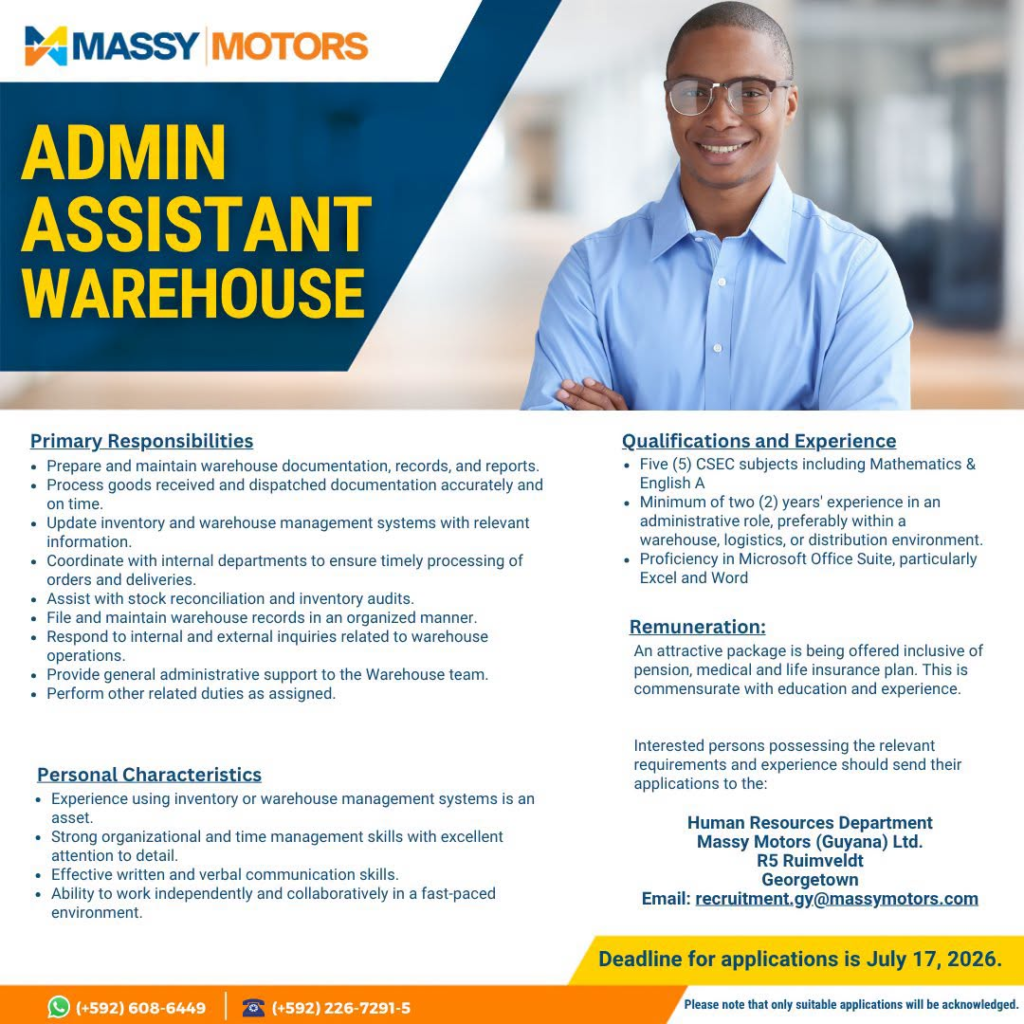 Jobs in Guyana
Urgent Jobs in Guyana
Urgent Vacancies in Guyana
Vacancies in Guyana 2026
Latest Vacancies in Guyana 2026
Part-Time Jobs in Guyana
Jobs in Guyana for Foreigners
Work From Home Jobs in Guyana
Driver Jobs in Guyana
High-Paying Jobs in Guyana
No Experience Jobs in Guyana
Jobs in Guyana with No Experience Required
Latest Jobs in Guyana
New Jobs in Guyana
Jobs Hiring Now in Guyana
Immediate Hiring in Guyana
Full-Time Jobs in Guyana
Entry-Level Jobs in Guyana
Online Jobs in Guyana
Government Jobs in Guyana
Oil and Gas Jobs in Guyana
Remote Jobs in Guyana
Female Jobs in Guyana
Jobs in Georgetown, Guyana
Jobs in Berbice, Guyana
Jobs in Linden, Guyana
Weekend Jobs in Guyana
